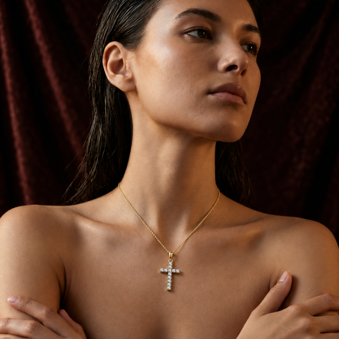 Lab Diamond Cross Necklace Pendant 0.22ct in 18K Gold Vermeil