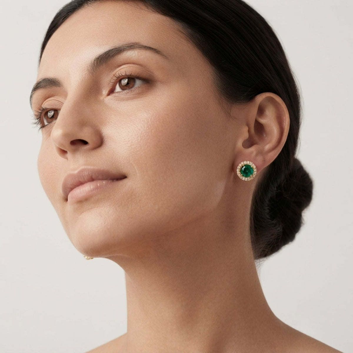 Green Emerald Halo Earrings in Gold - Gemstone Studs with Push Back