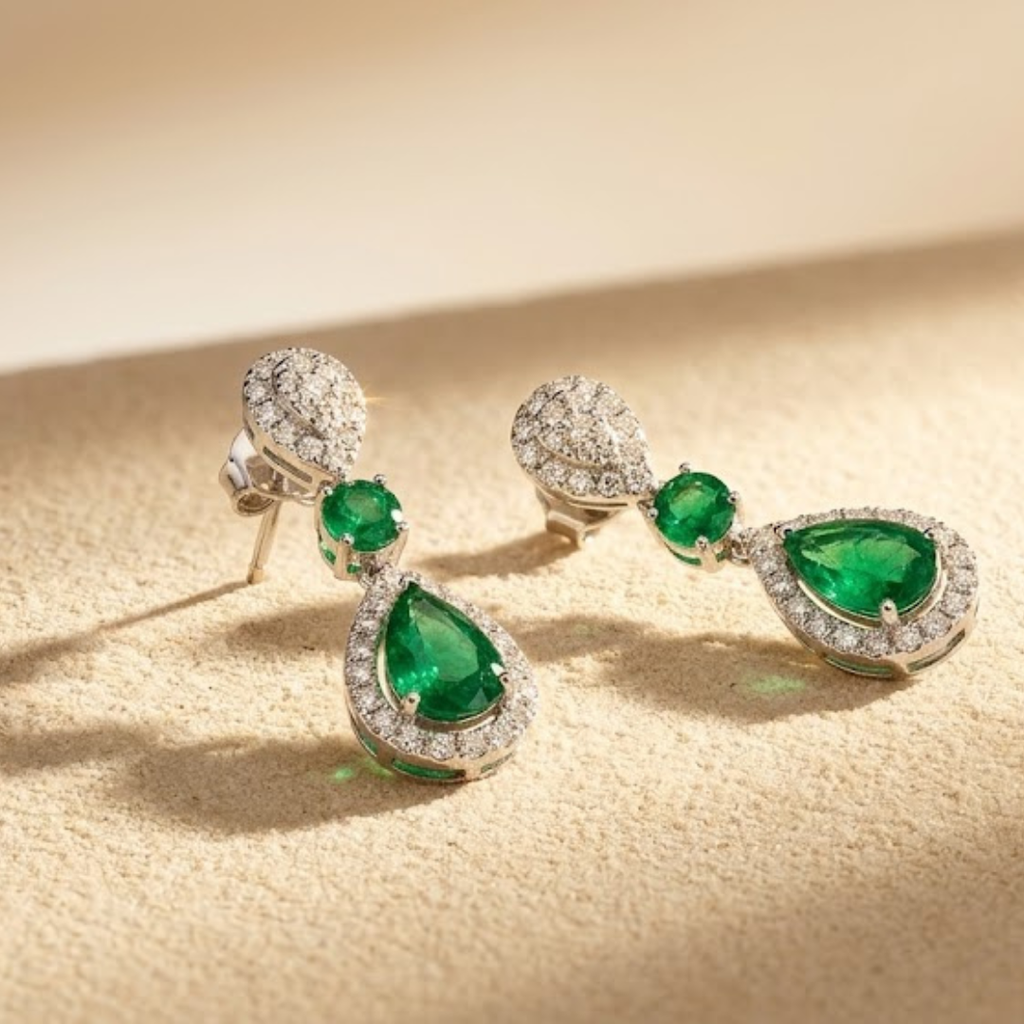 0.44ct Pear Cut Emerald and Diamond Halo Drop Earrings in 9K White Gold