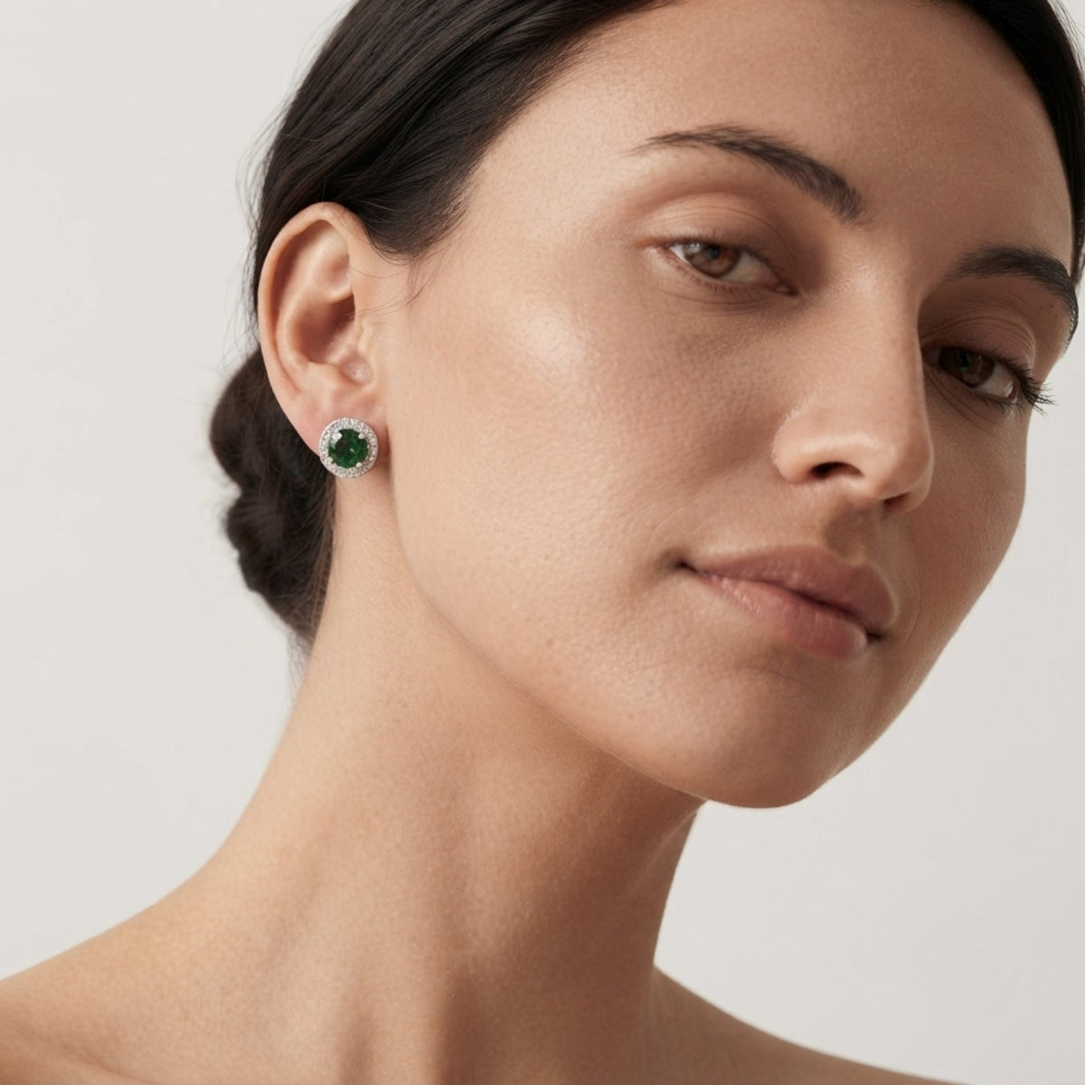 Green Emerald Halo Earrings in Gold - Gemstone Studs with Push Back