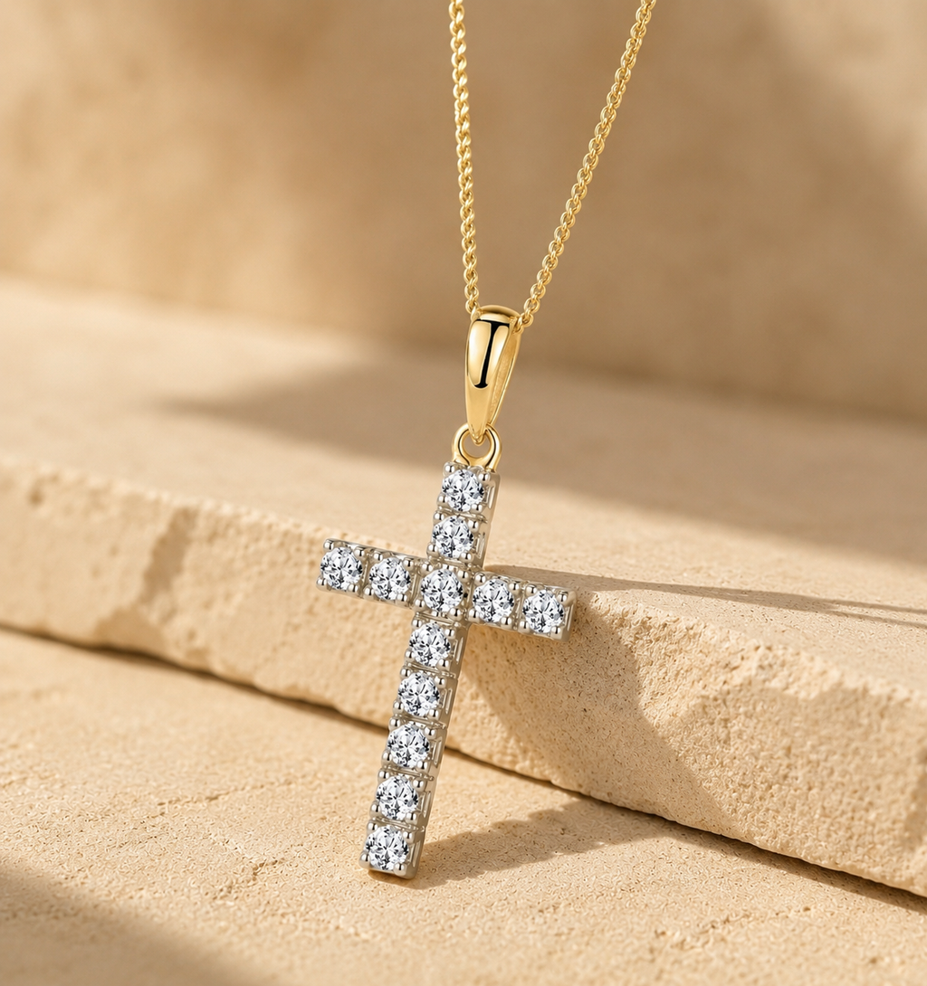 Lab Diamond Cross Necklace Pendant 0.22ct in 18K Gold Vermeil