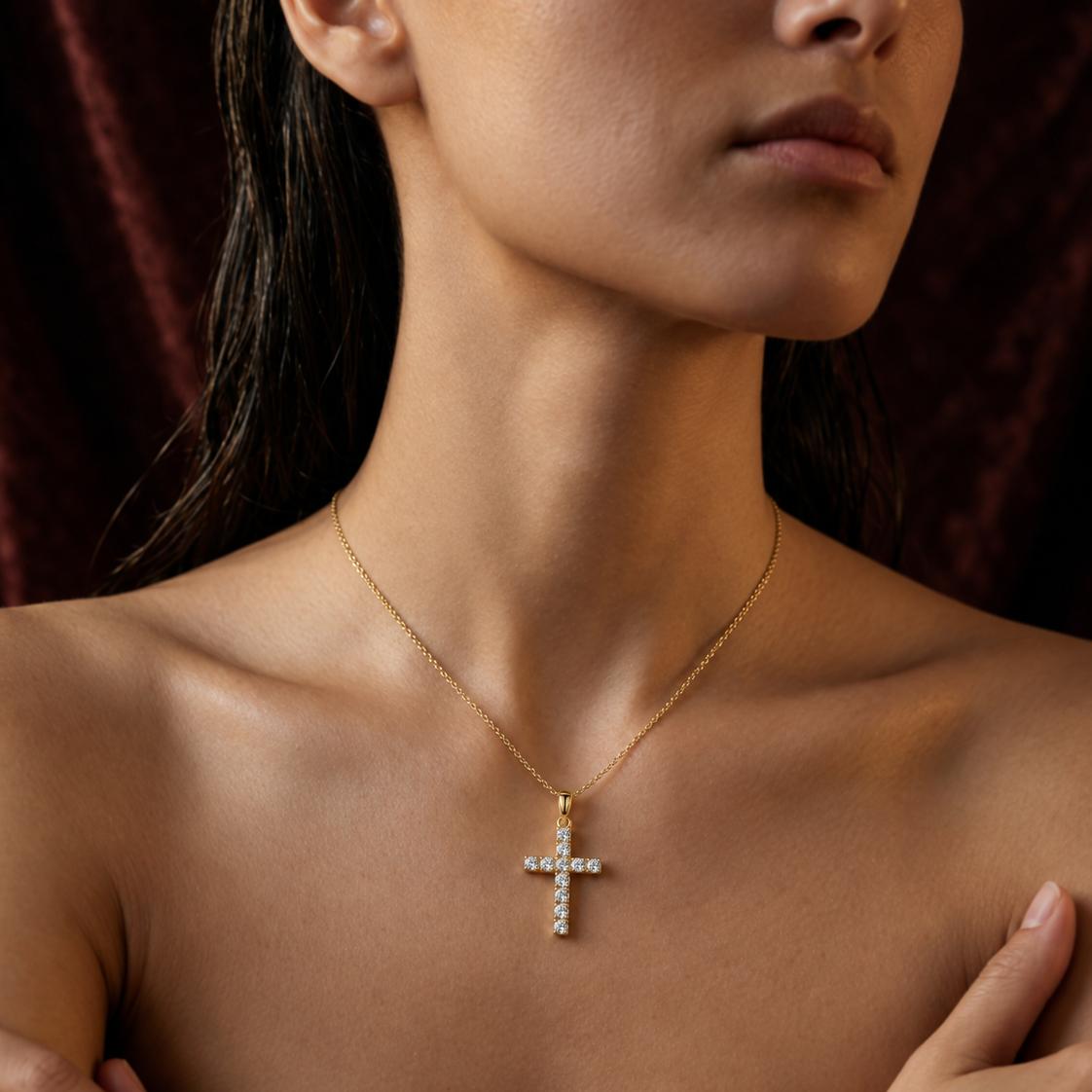 Lab Diamond Cross Necklace Pendant 0.22ct in 18K Gold Vermeil