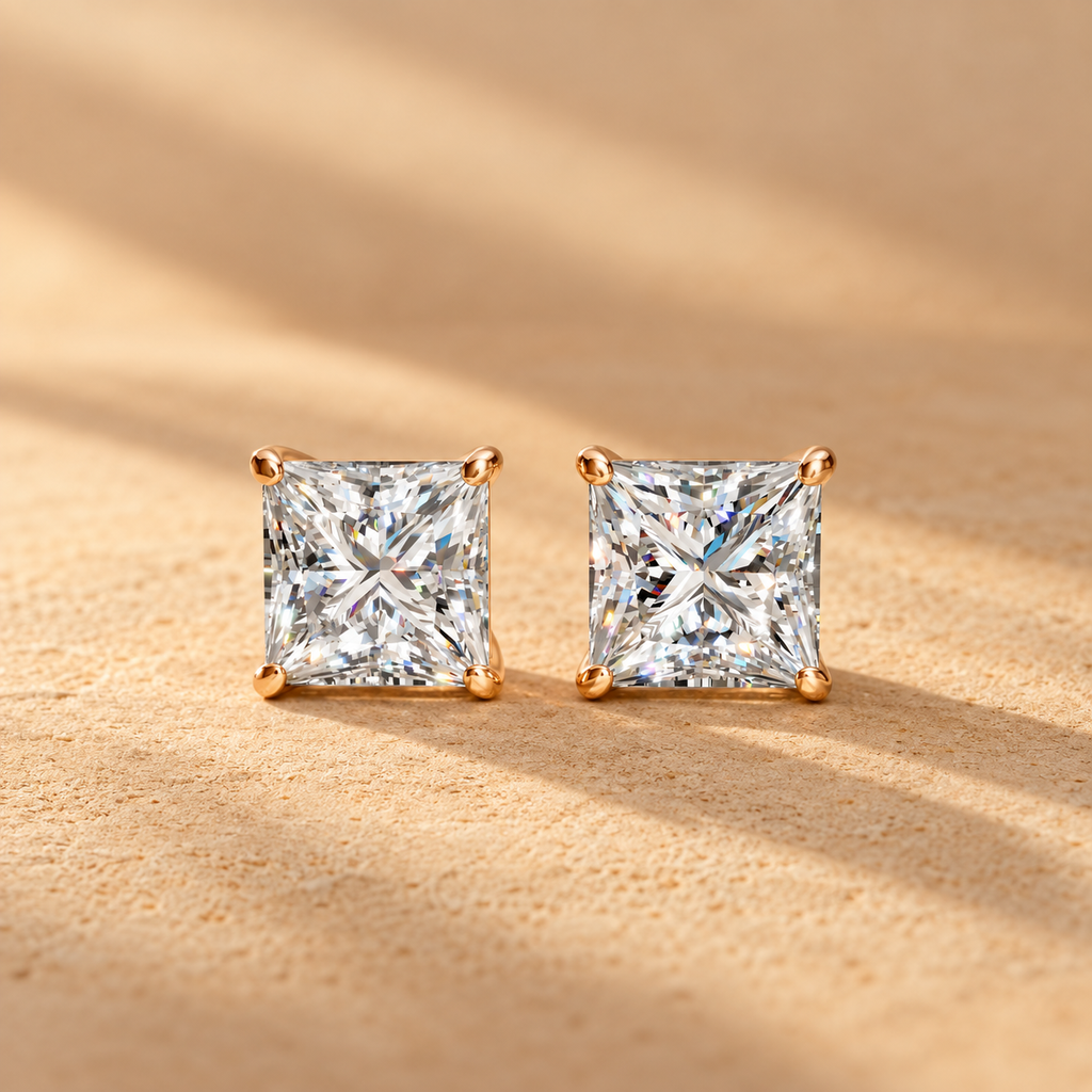 Ready To Ship IGI 5.07Ct D/VVS Lab Grown Princess Diamond Stud Earring 9k Rose Gold