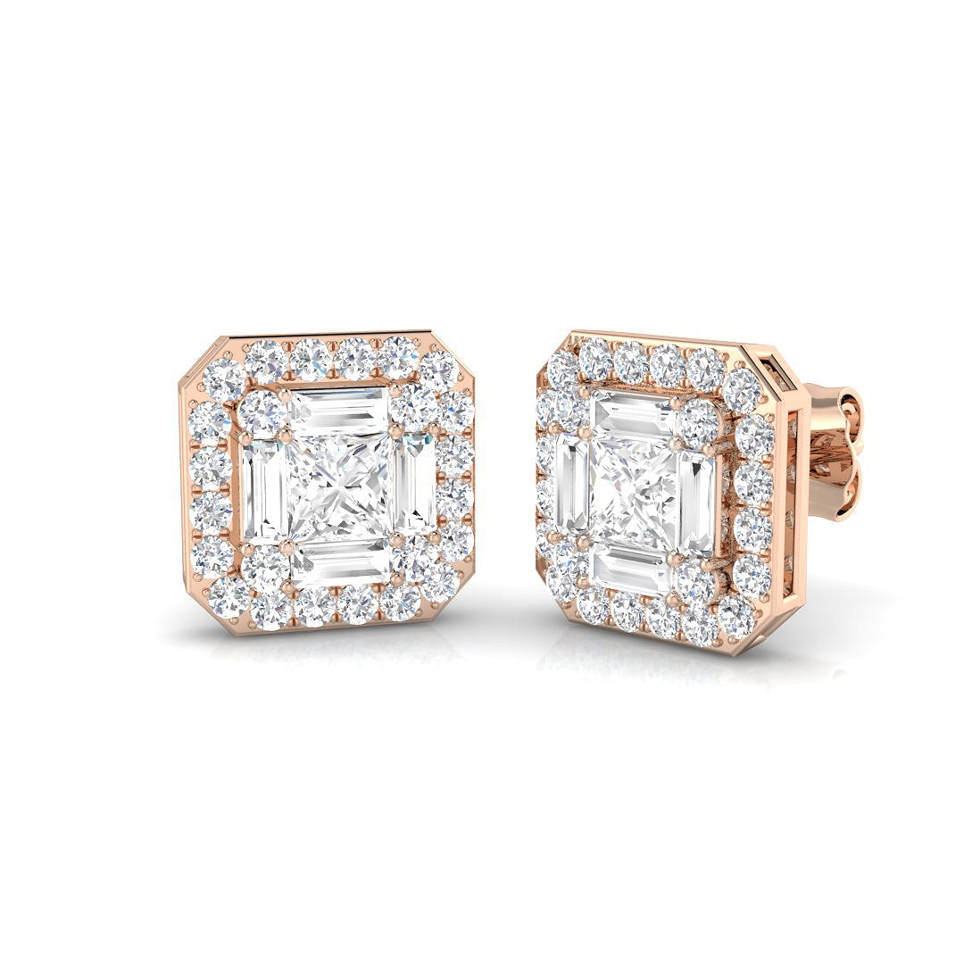 Cluster Earrings with Baguette and Round Diamonds 1.75ct Square Halo