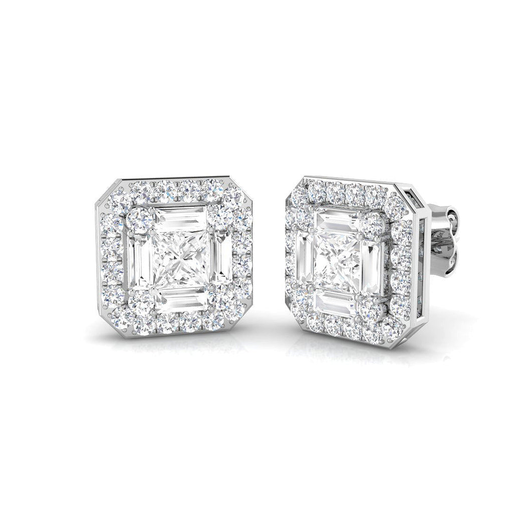 Cluster Earrings with Baguette and Round Diamonds 1.75ct Square Halo