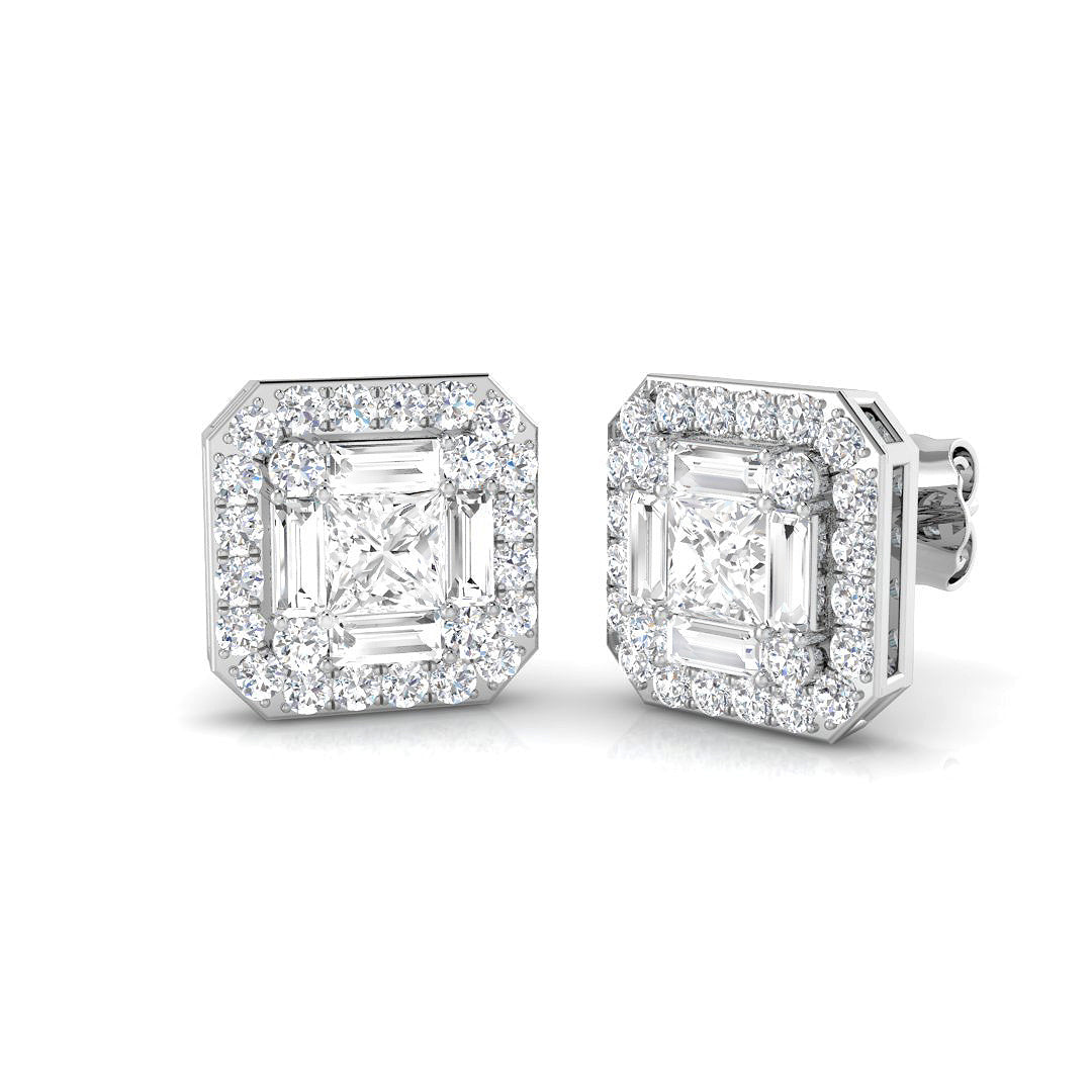 Cluster Earrings with Baguette and Round Diamonds 1.75ct Square Halo