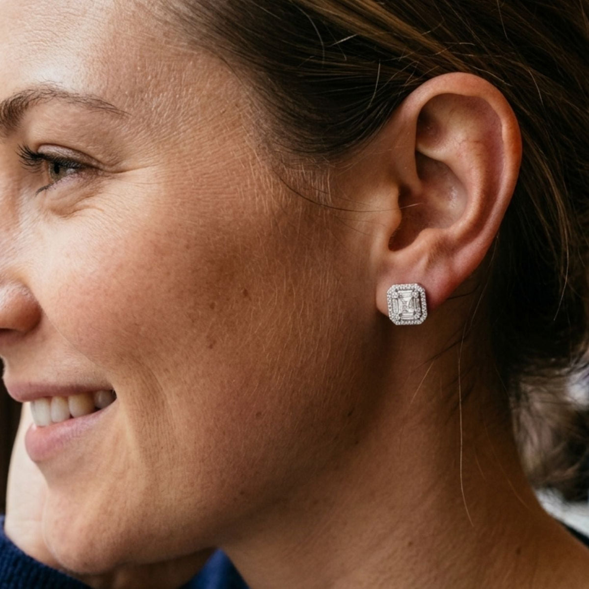 Cluster Earrings with Baguette and Round Diamonds 1.75ct Square Halo