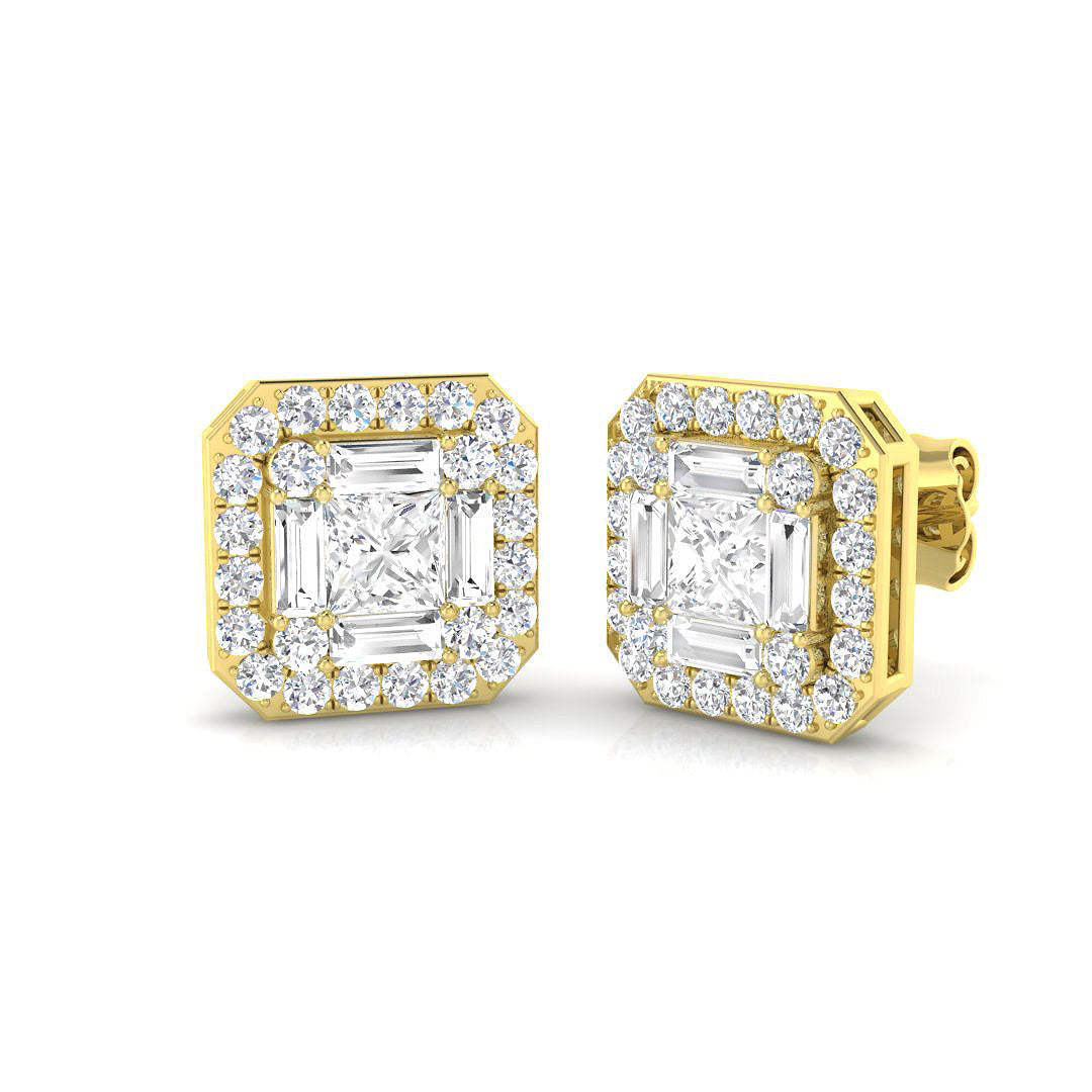 Cluster Earrings with Baguette and Round Diamonds 1.75ct Square Halo