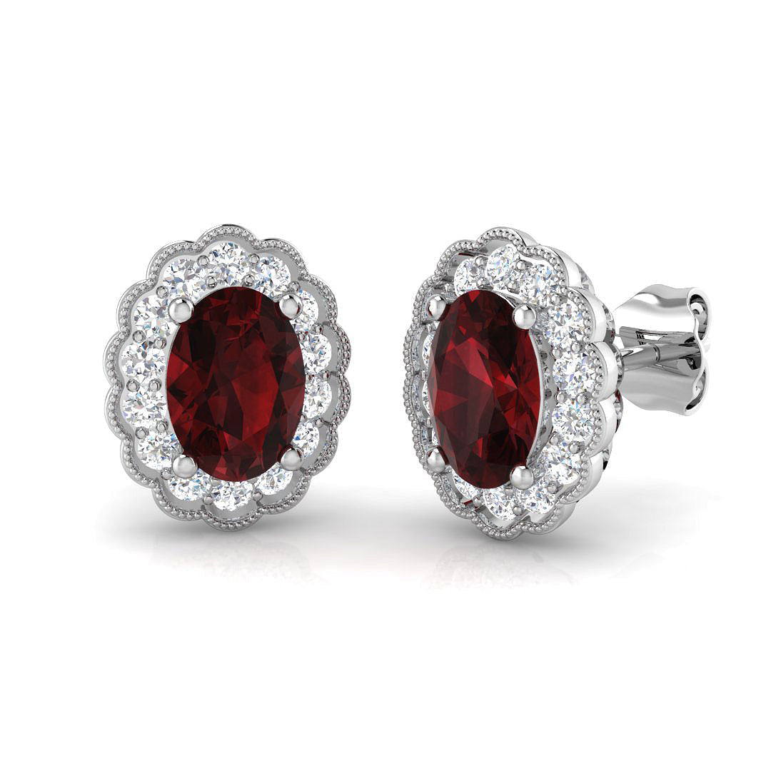Ruby Halo Milgrain Stud Earrings with Oval Ruby