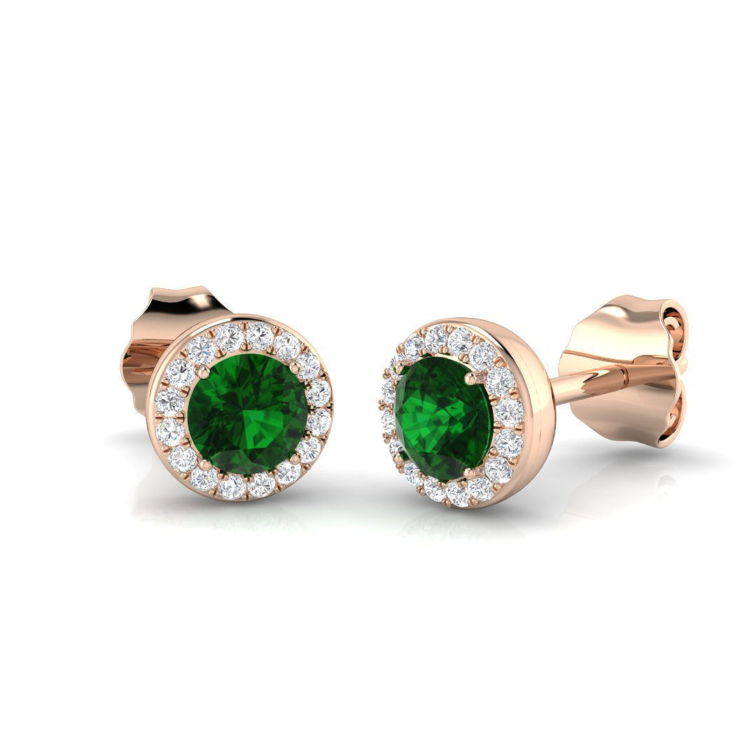 Green emerald halo earrings featuring brilliant emerald gemstones and push back stud fittings