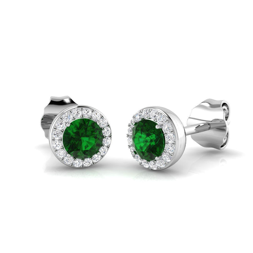 Green emerald halo earrings in white gold