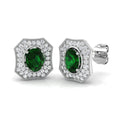 Green emerald pave diamond stud earrings with pavé halo and milgrain setting in white gold