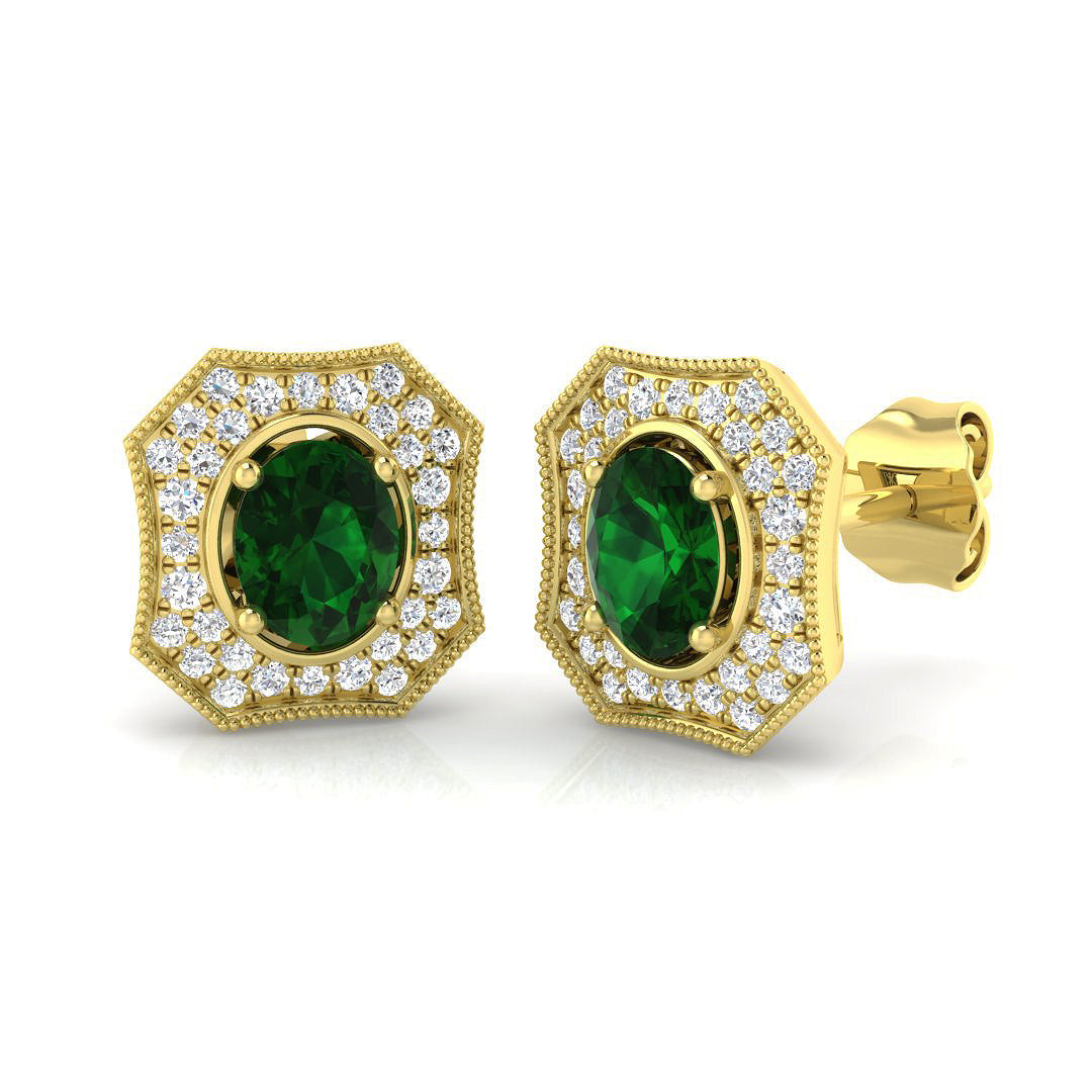 Green emerald pave diamond stud earrings with vintage milgrain halo in yellow gold