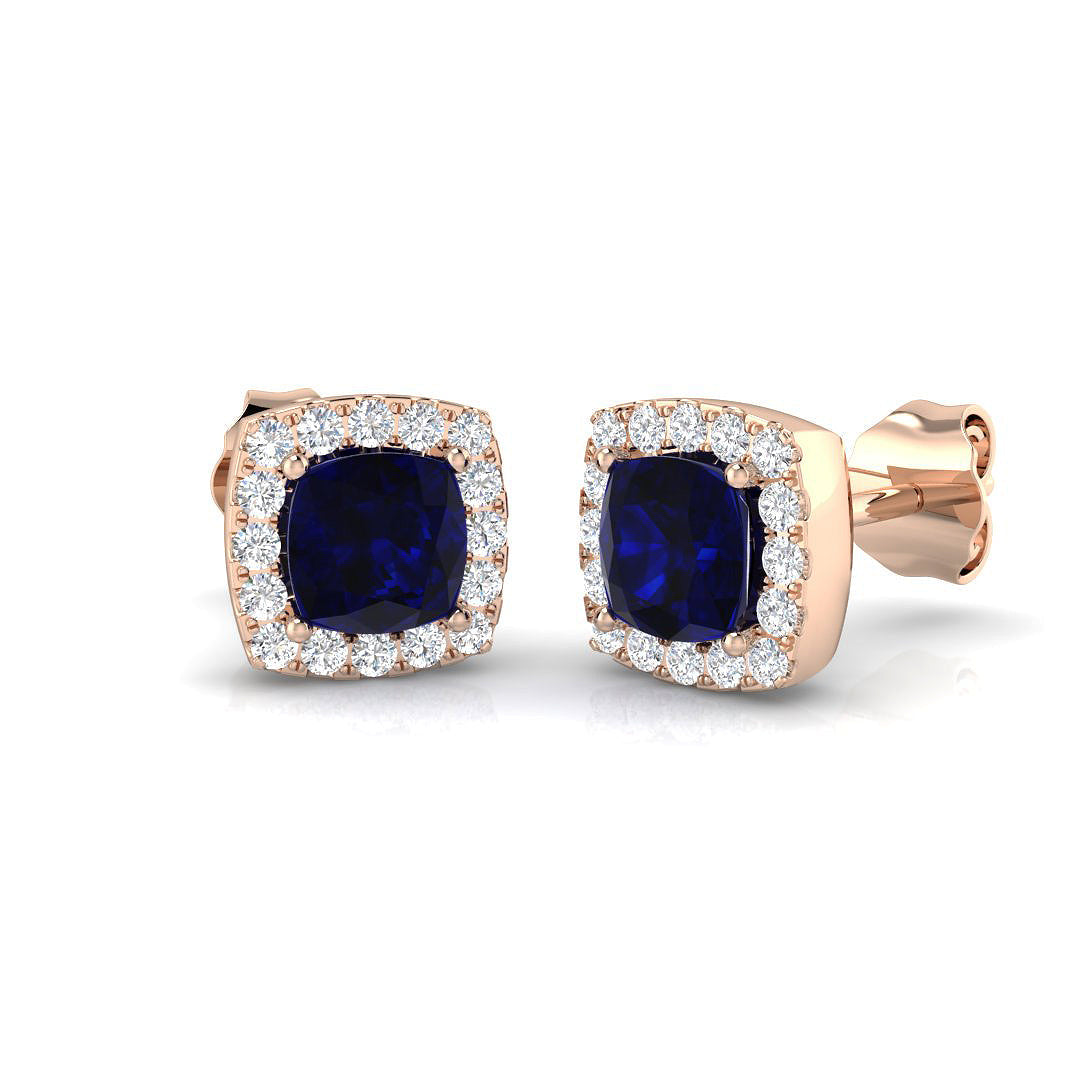 Cushion Cut Blue Sapphire Halo Stud Earrings Rose Gold