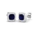 Cushion Cut Blue Sapphire Halo Stud Earrings White Gold