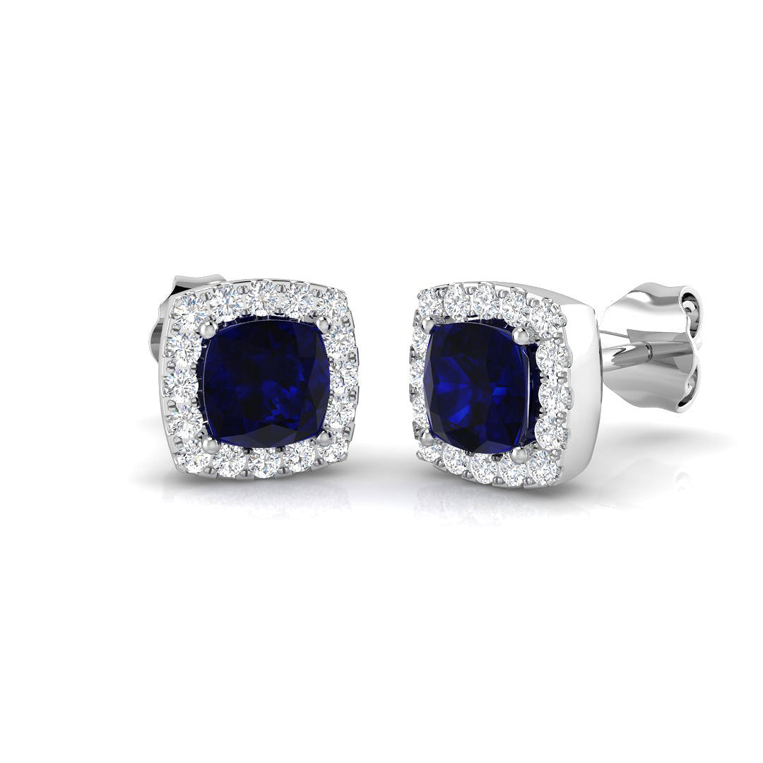 Cushion Cut Blue Sapphire Halo Stud Earrings White Gold