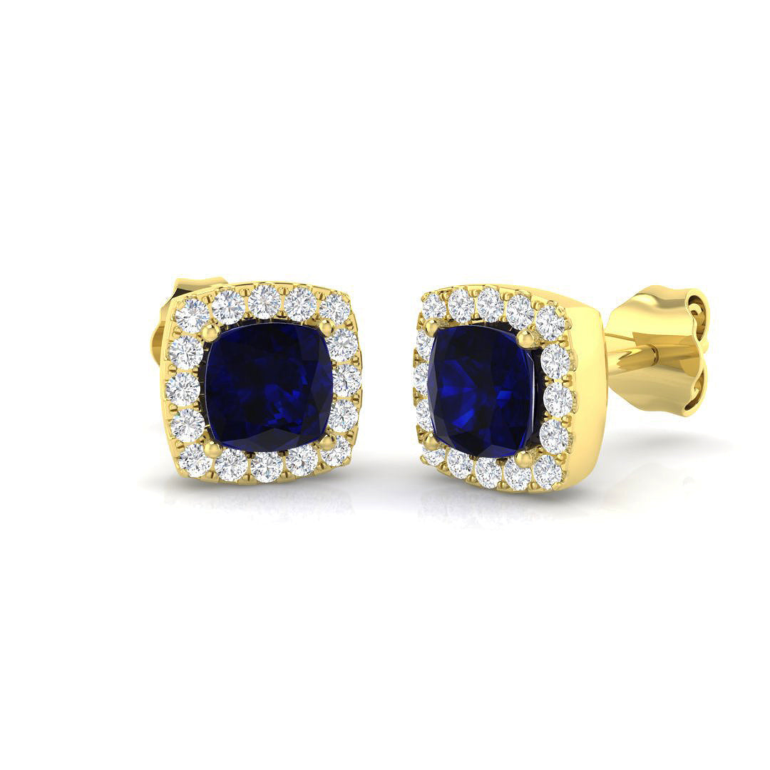 Cushion Cut Blue Sapphire Halo Stud Earrings Yellow Gold