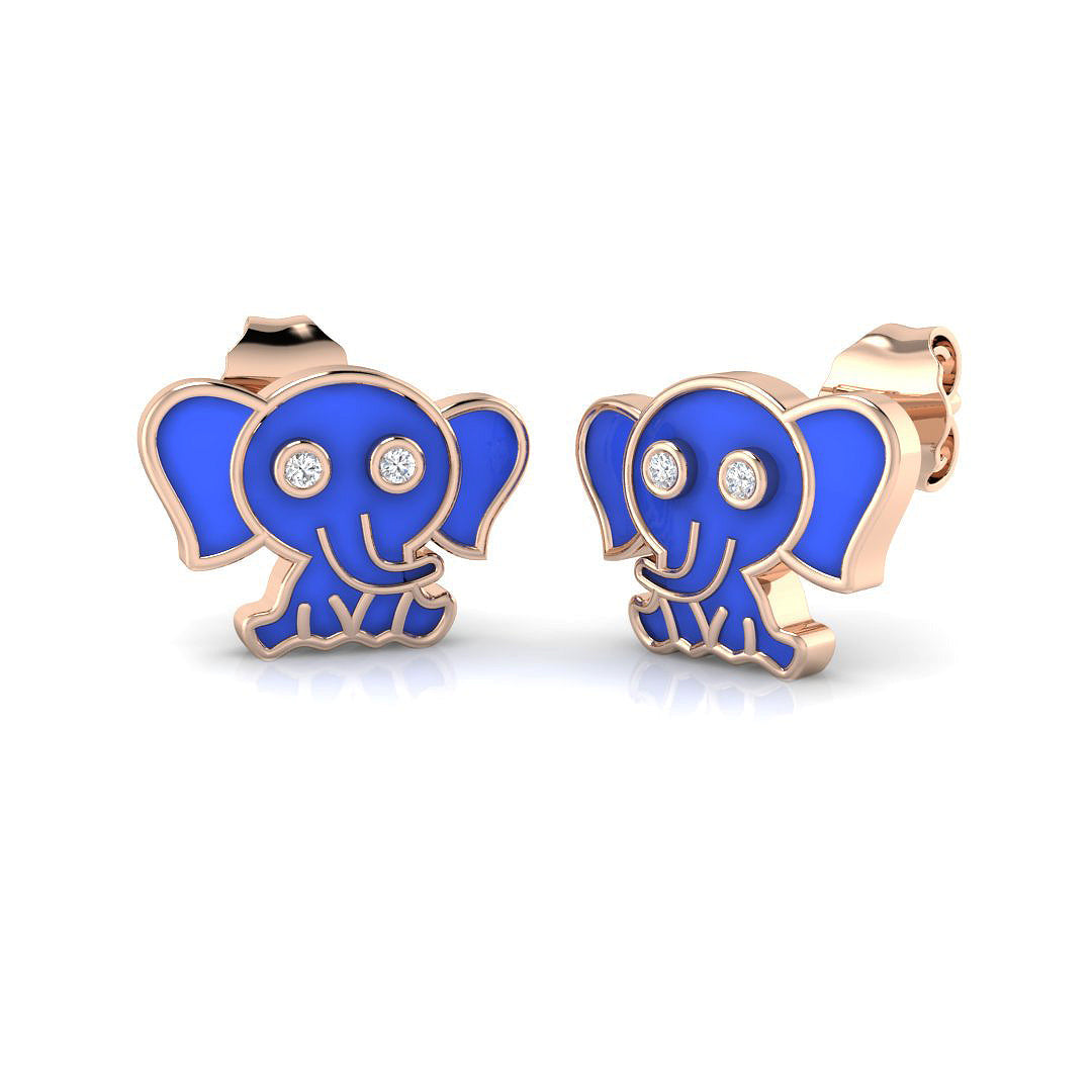 Adorable 0.20Ct Diamond Blue Elephant Stud Earrings in White Gold