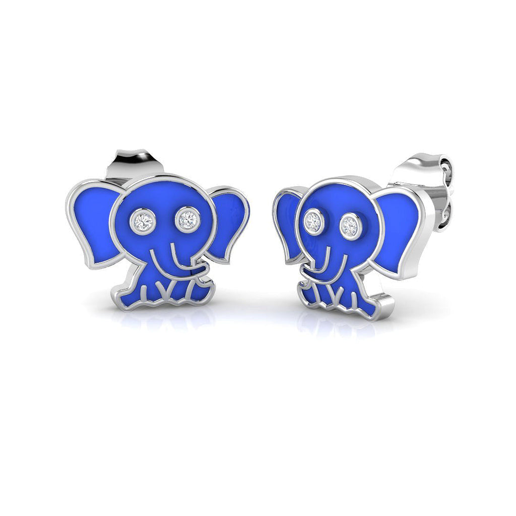 Adorable 0.20Ct Diamond Blue Elephant Stud Earrings in White Gold