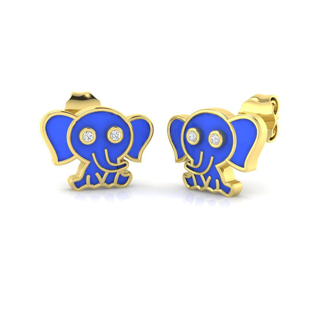 Adorable 0.20Ct Diamond Blue Elephant Stud Earrings in White Gold
