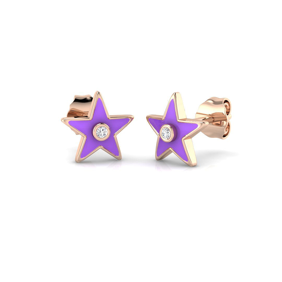 Beautiful 0.05Ct Purple Enamel Star Diamond Stud Earrings