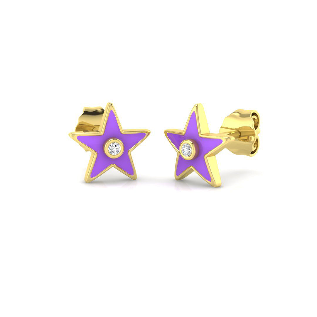 Beautiful 0.05Ct Purple Enamel Star Diamond Stud Earrings