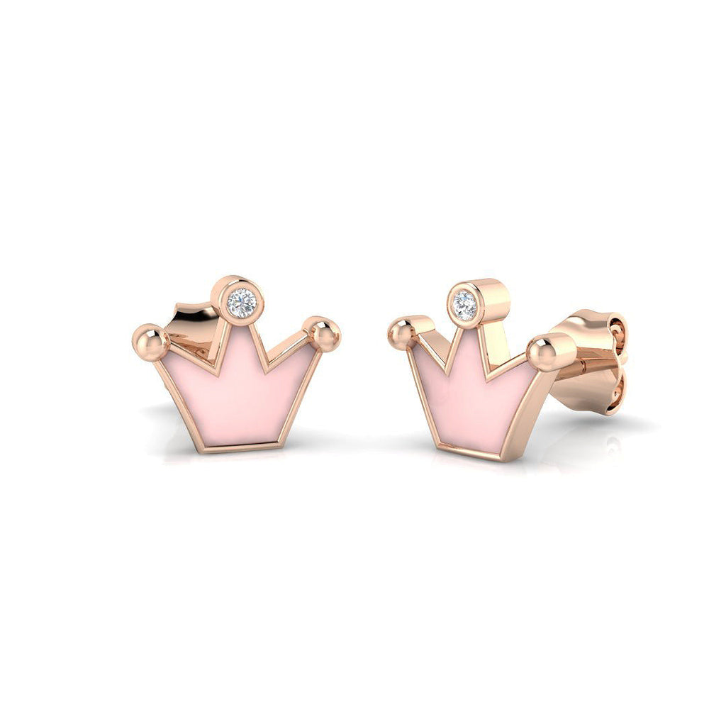 Stunning 0.10Ct Diamond Pink Crown Princess Stud Earrings