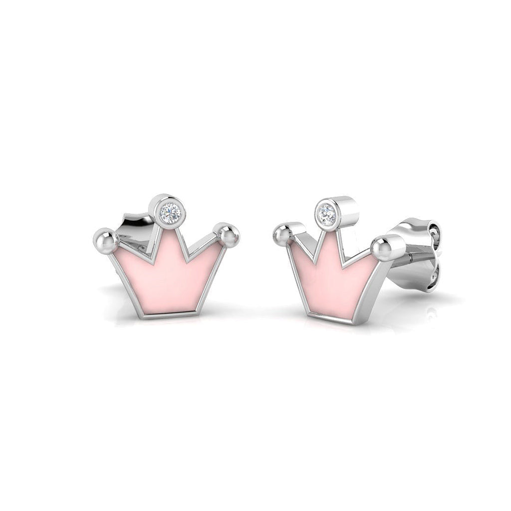 Stunning 0.10Ct Diamond Pink Crown Princess Stud Earrings