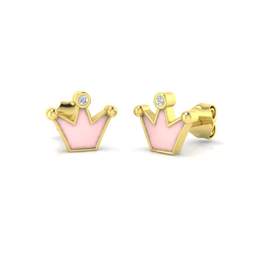 Stunning 0.10Ct Diamond Pink Crown Princess Stud Earrings