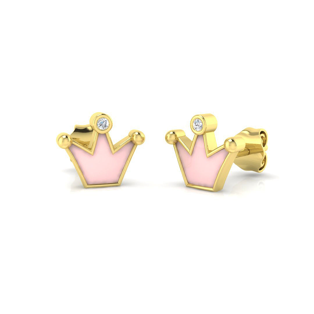 Stunning 0.10Ct Diamond Pink Crown Princess Stud Earrings