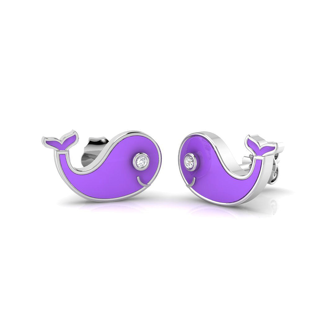 Adorable 0.20Ct Diamond Purple Whale Stud Earrings in White Gold