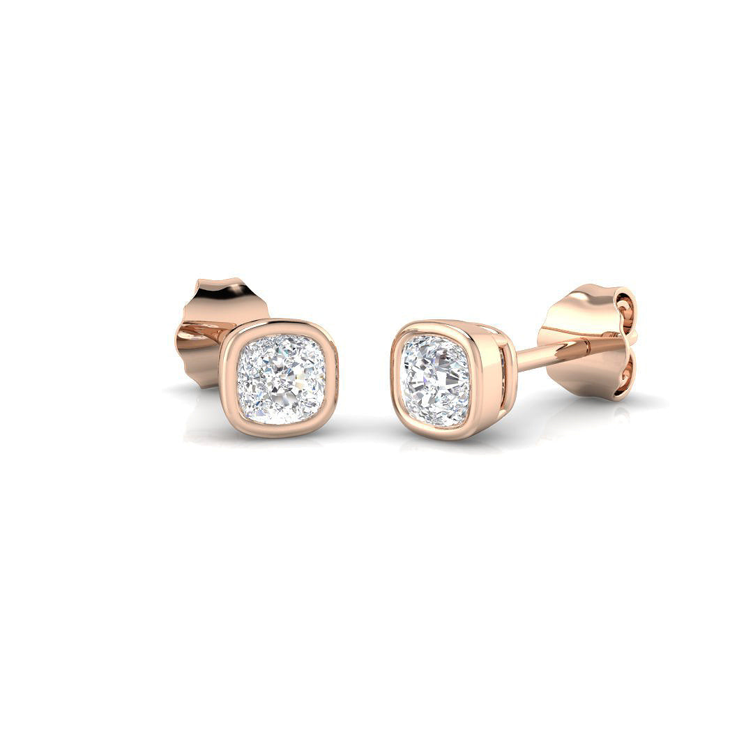 Stud Earrings with Cushion Cut Diamond Bezel Set | Gold