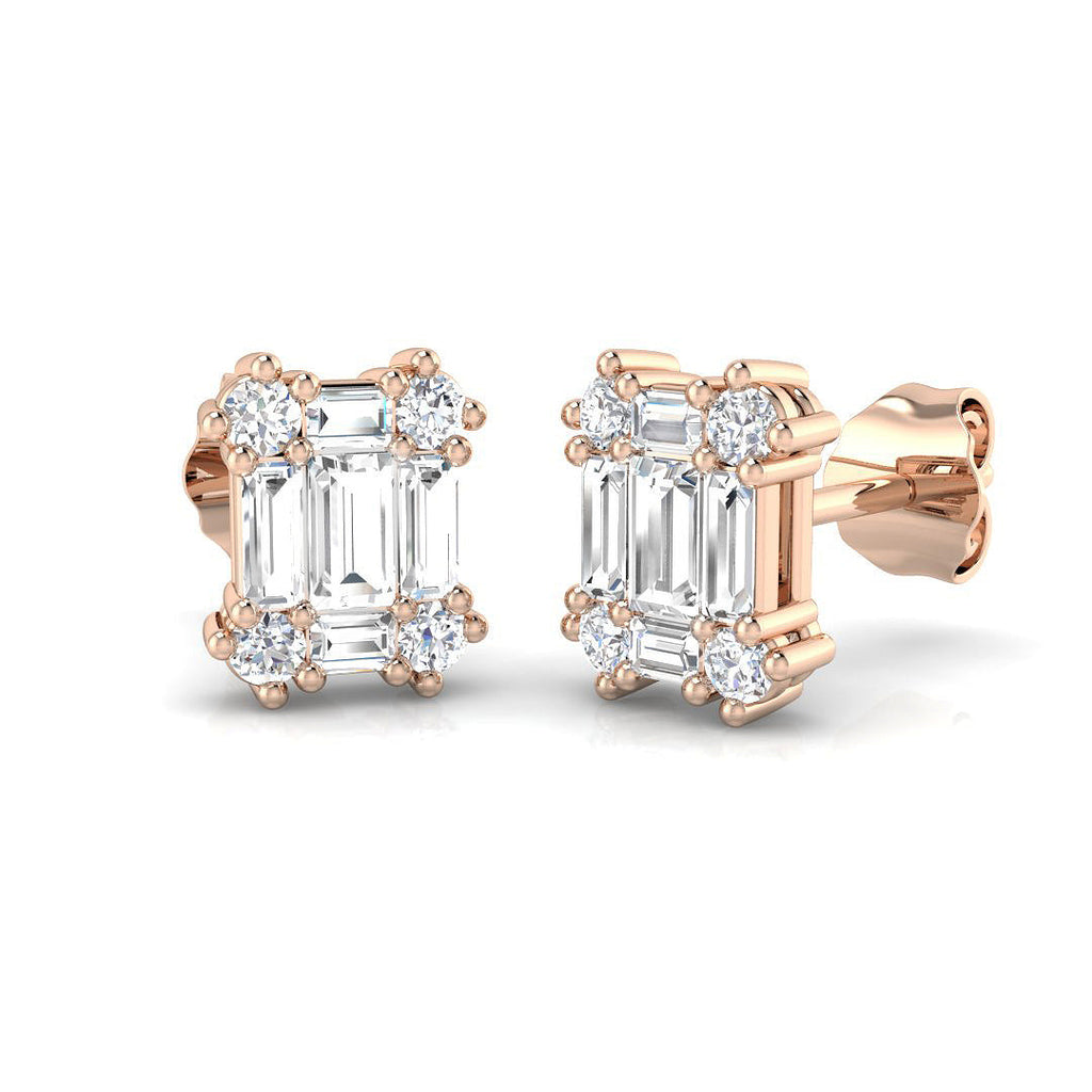 Stud Earrings with Square Baguette Cluster | 1ct Gold