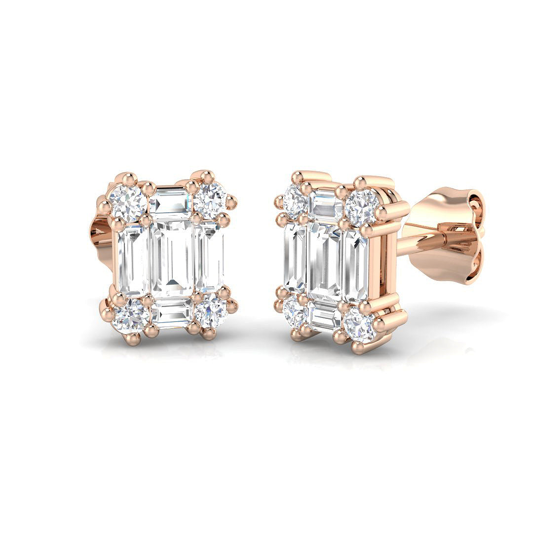 Stud Earrings with Square Baguette Cluster | 1ct Gold