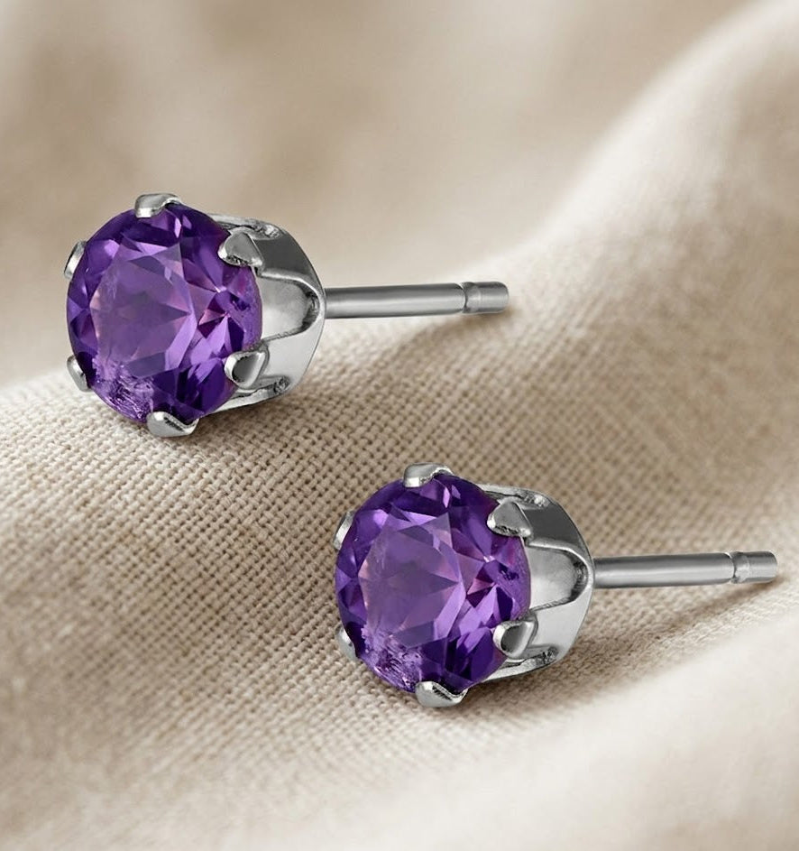 4mm Amethyst Stud Earrings in 9k White Gold