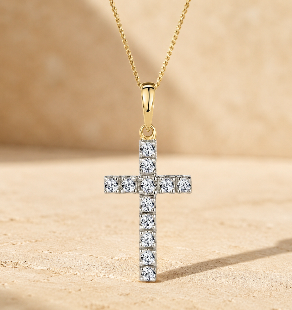 Lab Diamond Cross Necklace Pendant 0.22ct in 18K Gold Vermeil
