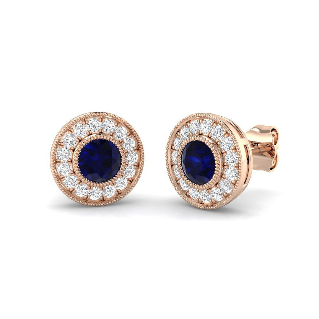 Round Blue Sapphire Halo Stud Earrings Rose Gold