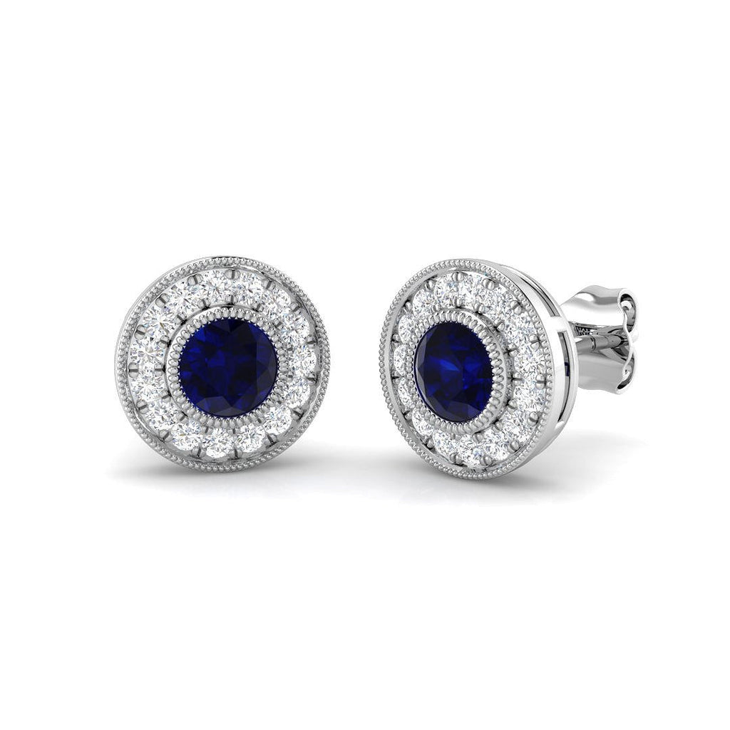 Round Blue Sapphire Halo Stud Earrings White Gold