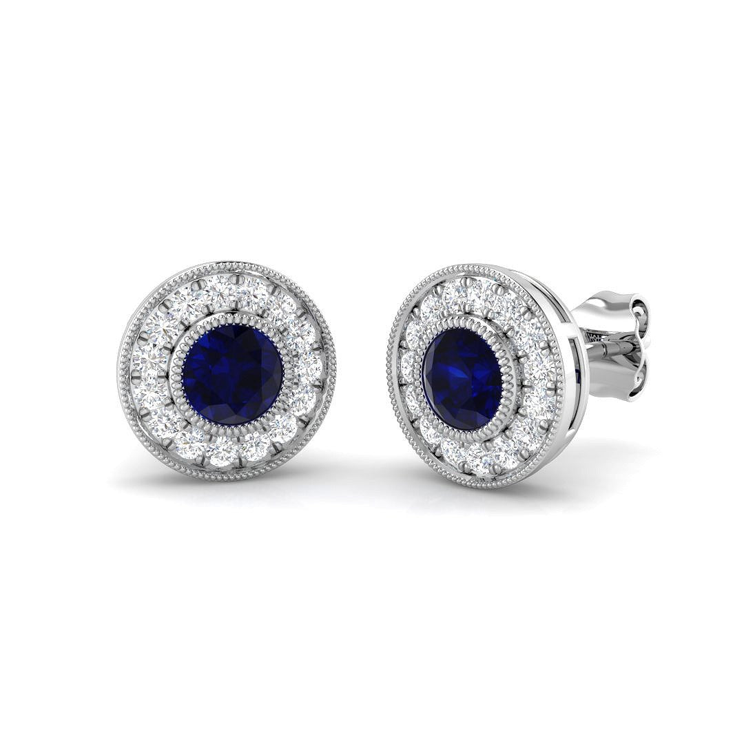 Round Blue Sapphire Halo Stud Earrings White Gold