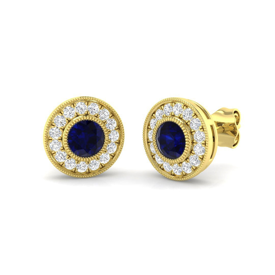 Round Blue Sapphire Halo Stud Earrings Yellow Gold