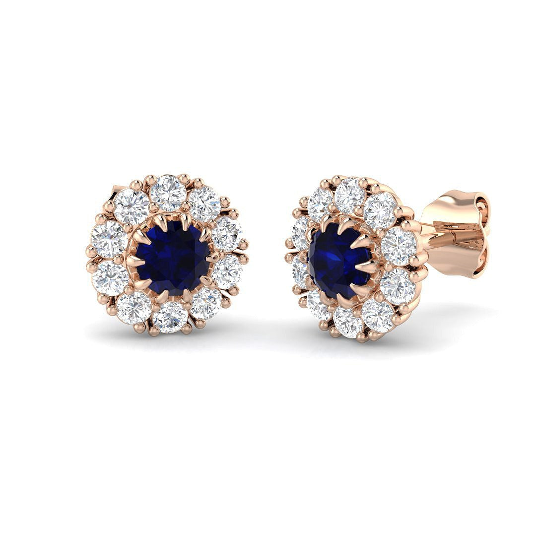 Blue Sapphire Halo Stud Earrings in Rose Gold