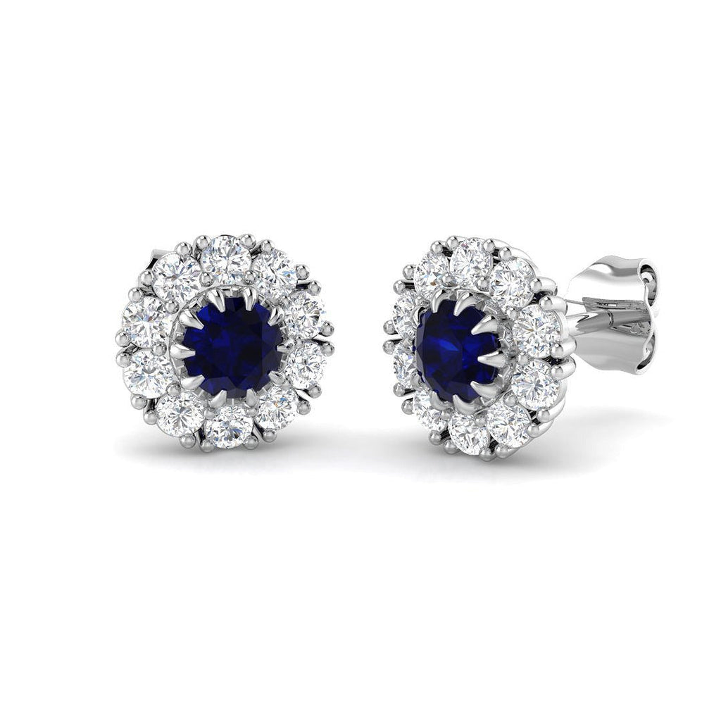Blue Sapphire Halo Stud Earrings in White Gold