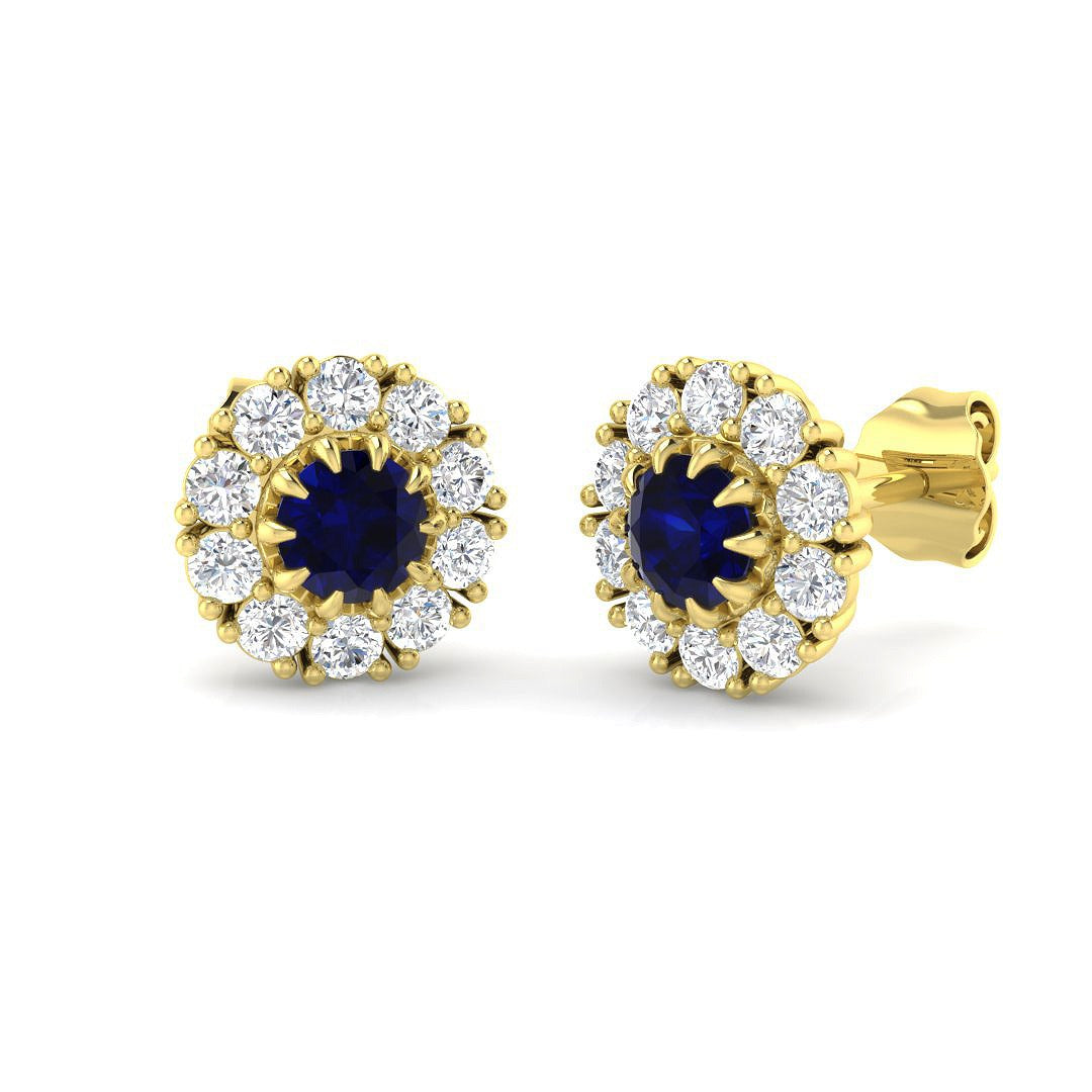 Blue Sapphire Halo Stud Earrings in Yellow Gold